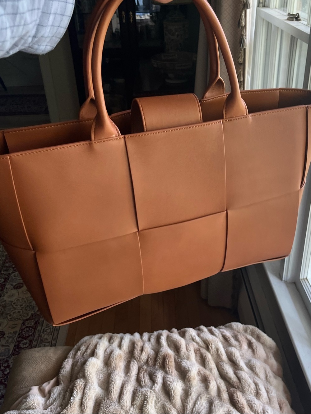 The Mega Tessare Woven Leather Handbag in Saddle by J.McLaughlin - Picture 5 of 9